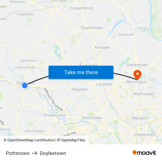Pottstown to Doylestown map