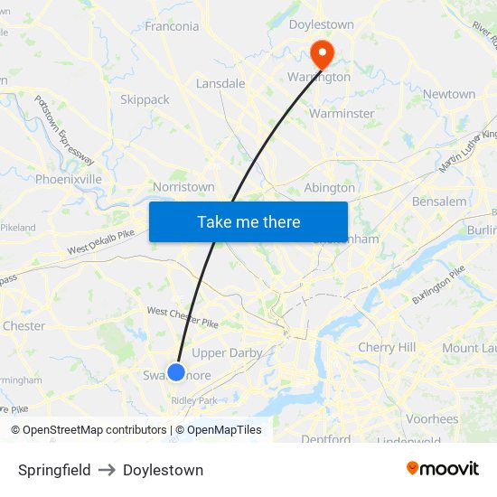 Springfield to Doylestown map
