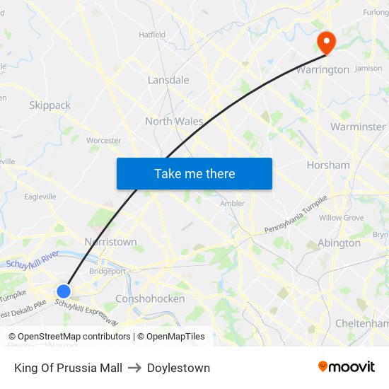 King Of Prussia Mall to Doylestown map