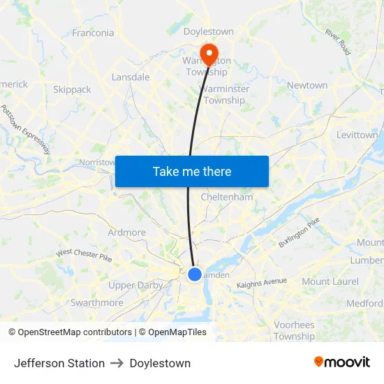 Jefferson Station to Doylestown map