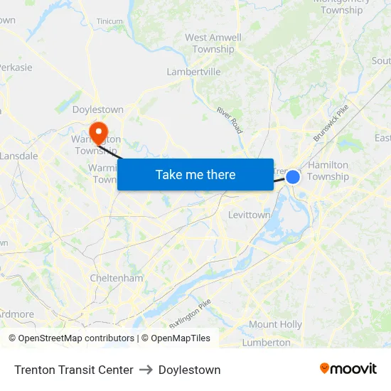 Trenton Transit Center to Doylestown map