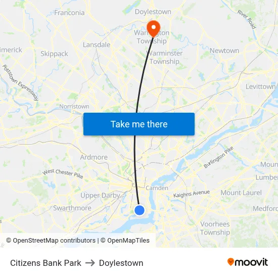 Citizens Bank Park to Doylestown map