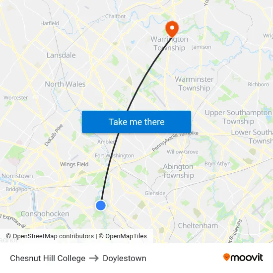 Chesnut Hill College to Doylestown map