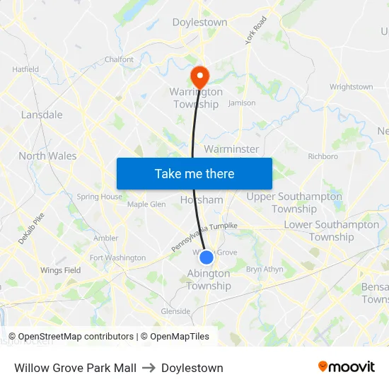 Willow Grove Park Mall to Doylestown map