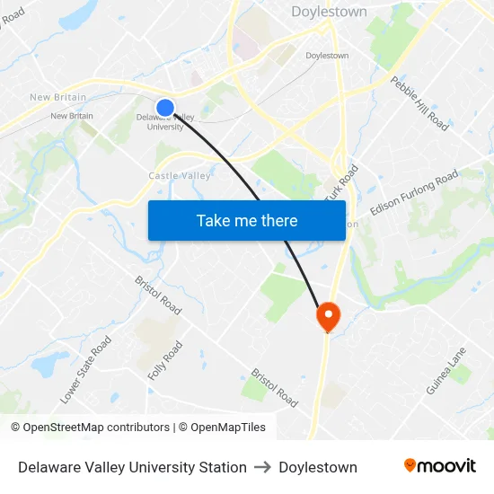 Delaware Valley University Station to Doylestown map