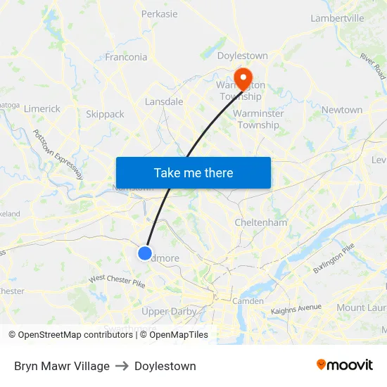Bryn Mawr Village to Doylestown map
