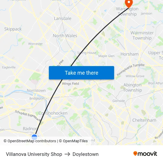 Villanova University Shop to Doylestown map
