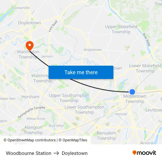 Woodbourne Station to Doylestown map