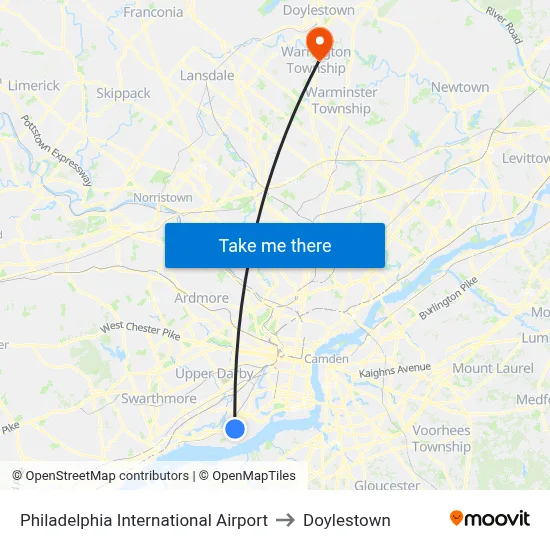 Philadelphia International Airport to Doylestown map