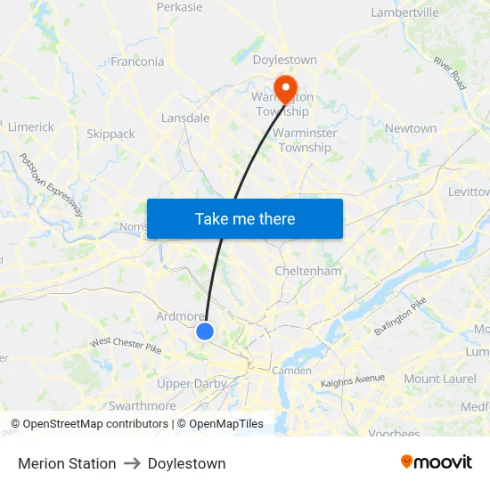 Merion Station to Doylestown map