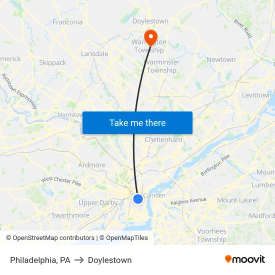 Philadelphia, PA to Doylestown map