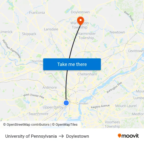 University of Pennsylvania to Doylestown map