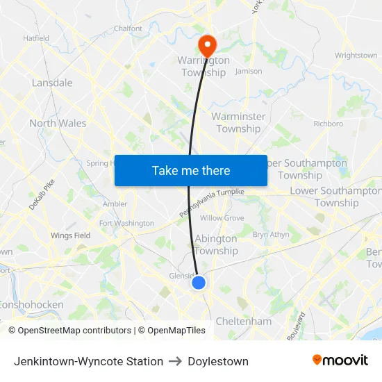 Jenkintown-Wyncote Station to Doylestown map