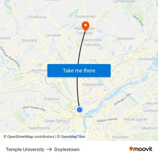 Temple University to Doylestown map