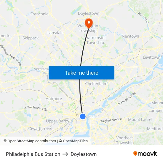 Philadelphia Bus Station to Doylestown map