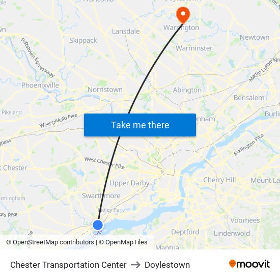 Chester Transportation Center to Doylestown map