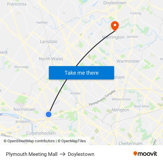 Plymouth Meeting Mall to Doylestown map