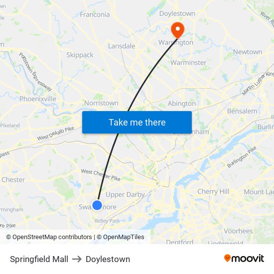 Springfield Mall to Doylestown map