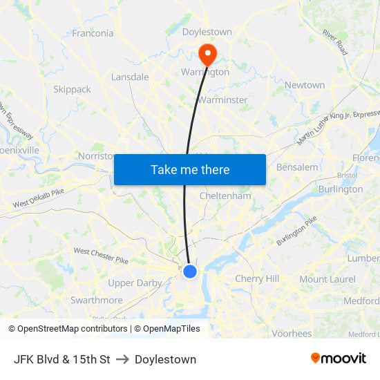 JFK Blvd & 15th St to Doylestown map