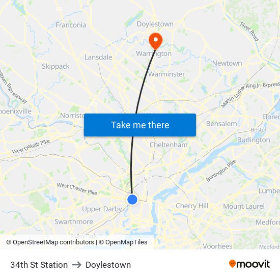 34th St Station to Doylestown map