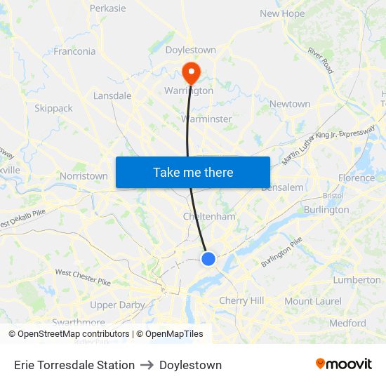 Erie Torresdale Station to Doylestown map