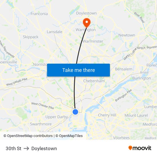 30th St to Doylestown map