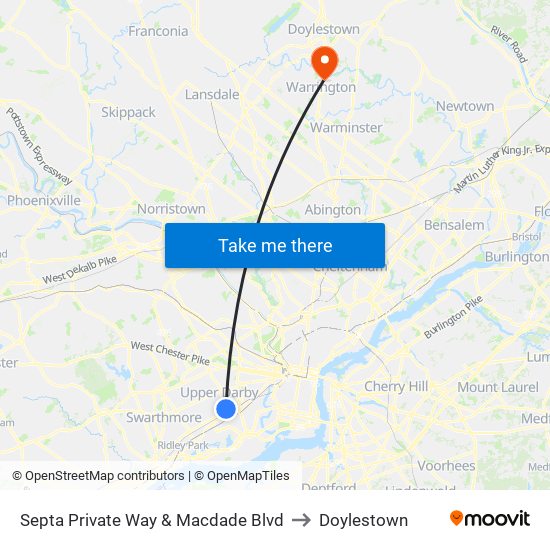Septa Private Way & Macdade Blvd to Doylestown map