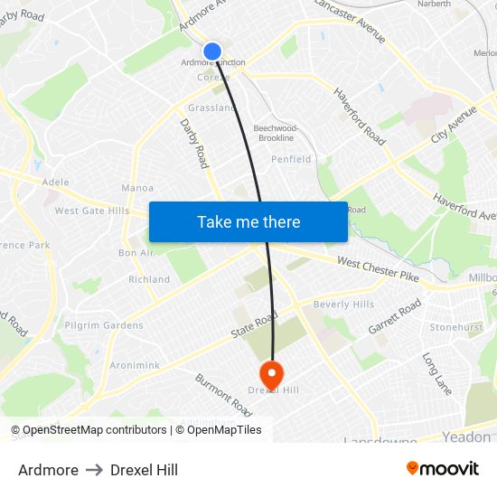 Ardmore to Drexel Hill map