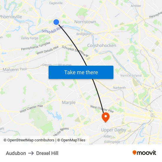 Audubon to Drexel Hill map