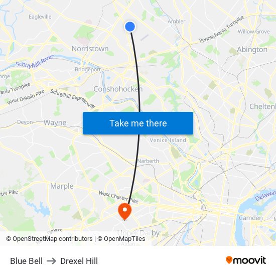 Blue Bell to Drexel Hill map