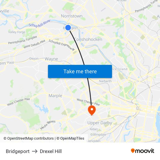 Bridgeport to Drexel Hill map