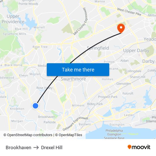 Brookhaven to Drexel Hill map