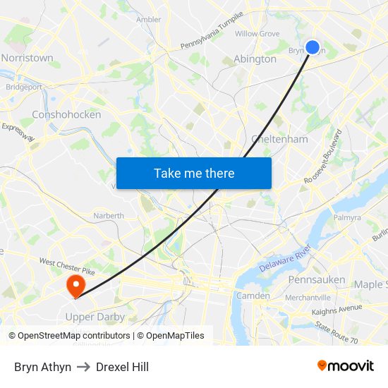Bryn Athyn to Drexel Hill map
