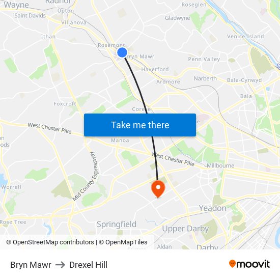 Bryn Mawr to Drexel Hill map