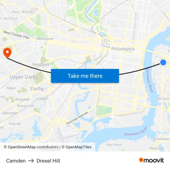 Camden to Drexel Hill map