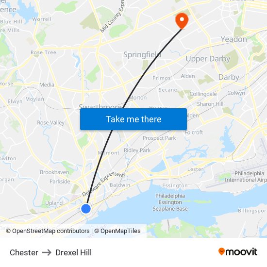 Chester to Drexel Hill map