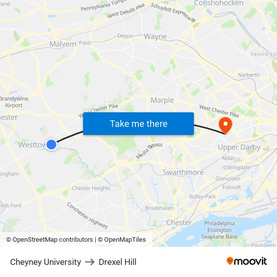 Cheyney University to Drexel Hill map