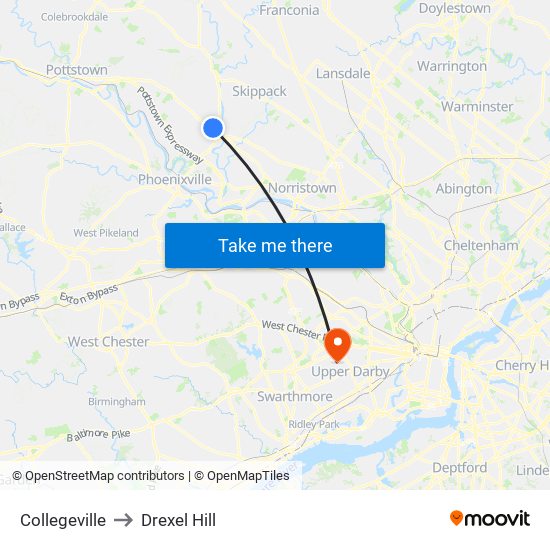 Collegeville to Drexel Hill map