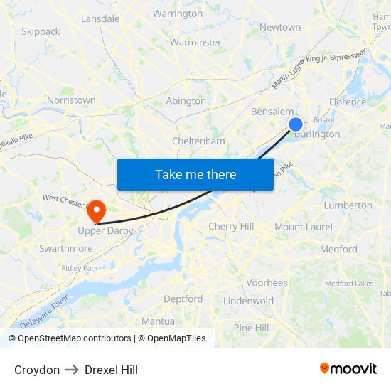 Croydon to Drexel Hill map