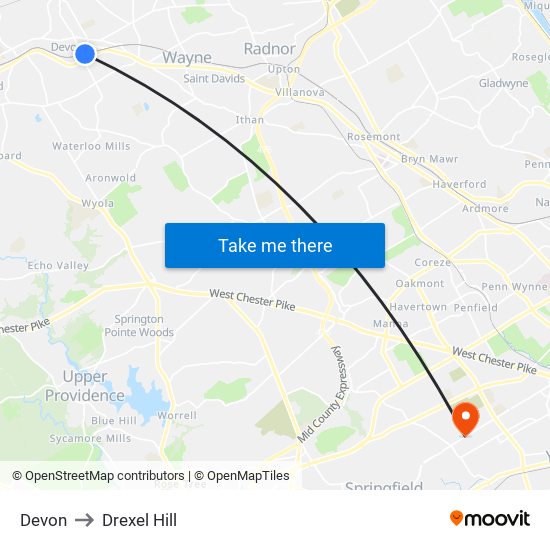 Devon to Drexel Hill map