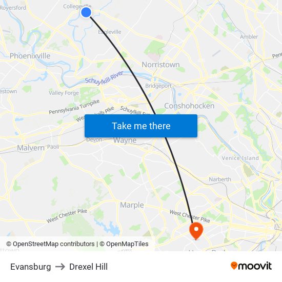 Evansburg to Drexel Hill map