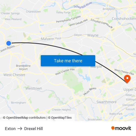 Exton to Drexel Hill map
