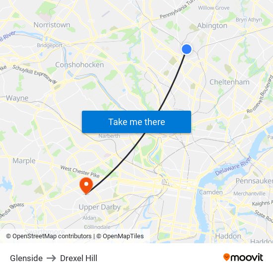 Glenside to Drexel Hill map