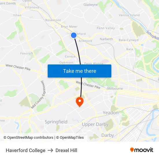 Haverford College to Drexel Hill map