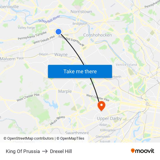 King Of Prussia to Drexel Hill map