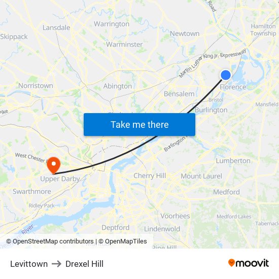 Levittown to Drexel Hill map