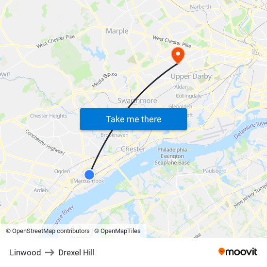 Linwood to Drexel Hill map