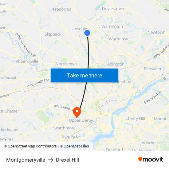 Montgomeryville to Drexel Hill map