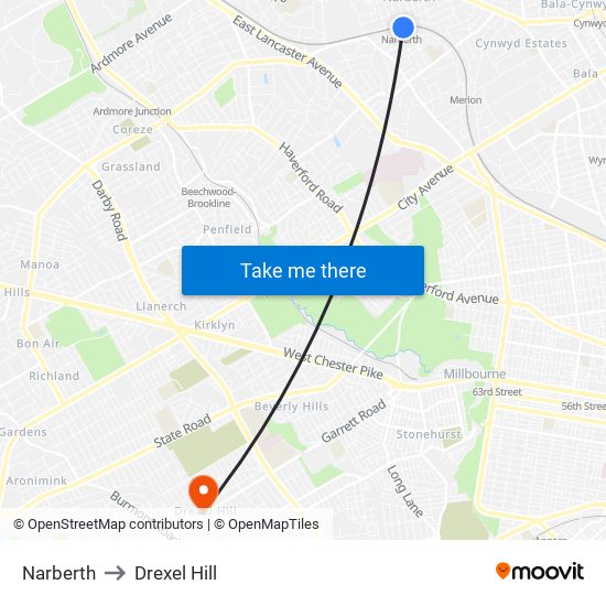 Narberth to Drexel Hill map