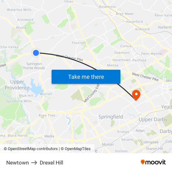 Newtown to Drexel Hill map